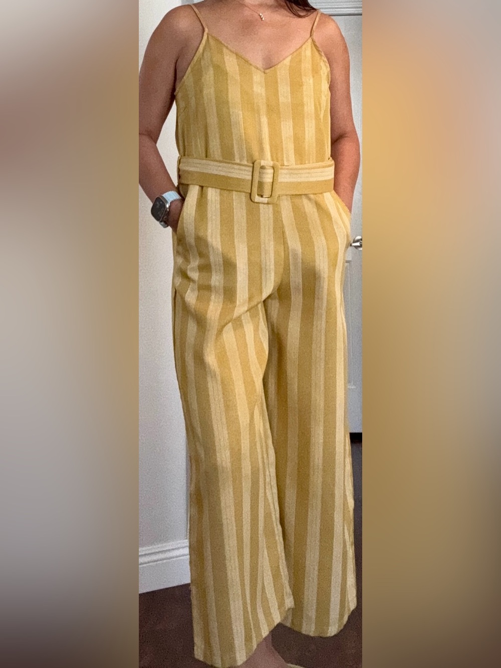 Striped Mustard Yellow Wide-Leg Jumpsuit with Belt